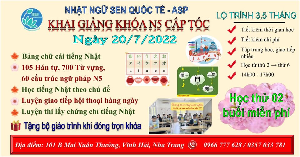  KHAI GIẢNG LỚP TIẾNG NHẬT N5 CẤP TỐC tại trung tâm ( kết hợp dạy song song Online ). BUỔI CHIỀU NGÀY 20/07/2022 