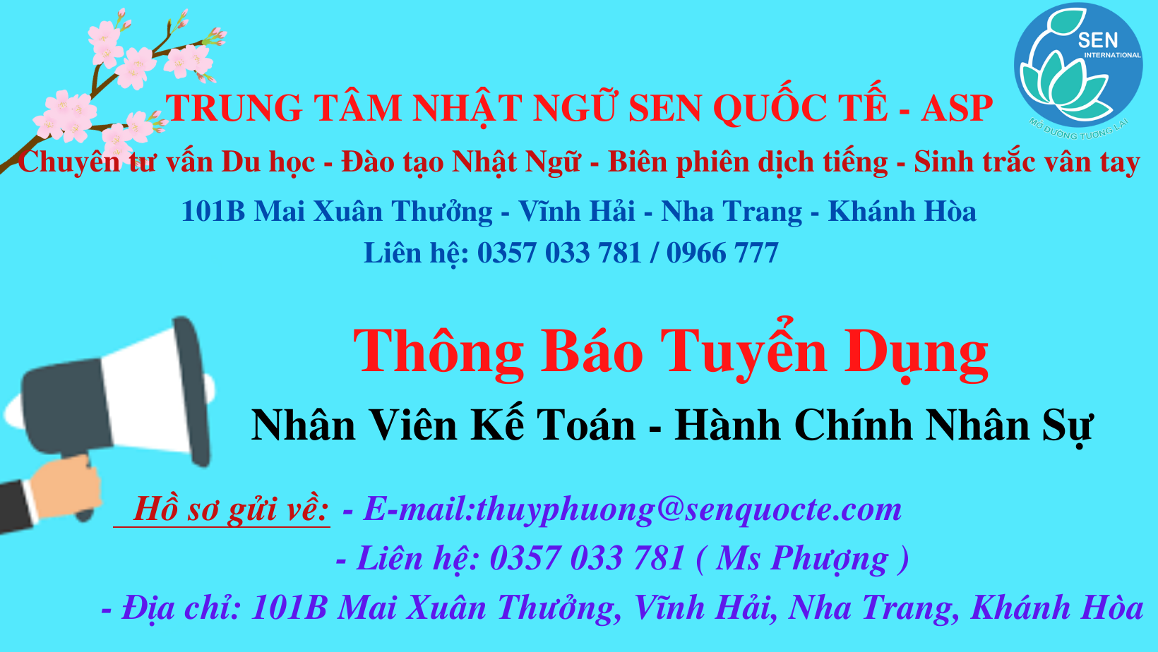 Trung Tâm Nhật Ngữ Sen Quốc Tế – ASP Thông Báo Tuyển Dụng Nhân Viên Kế Toán – Hành Chính Nhân Sự