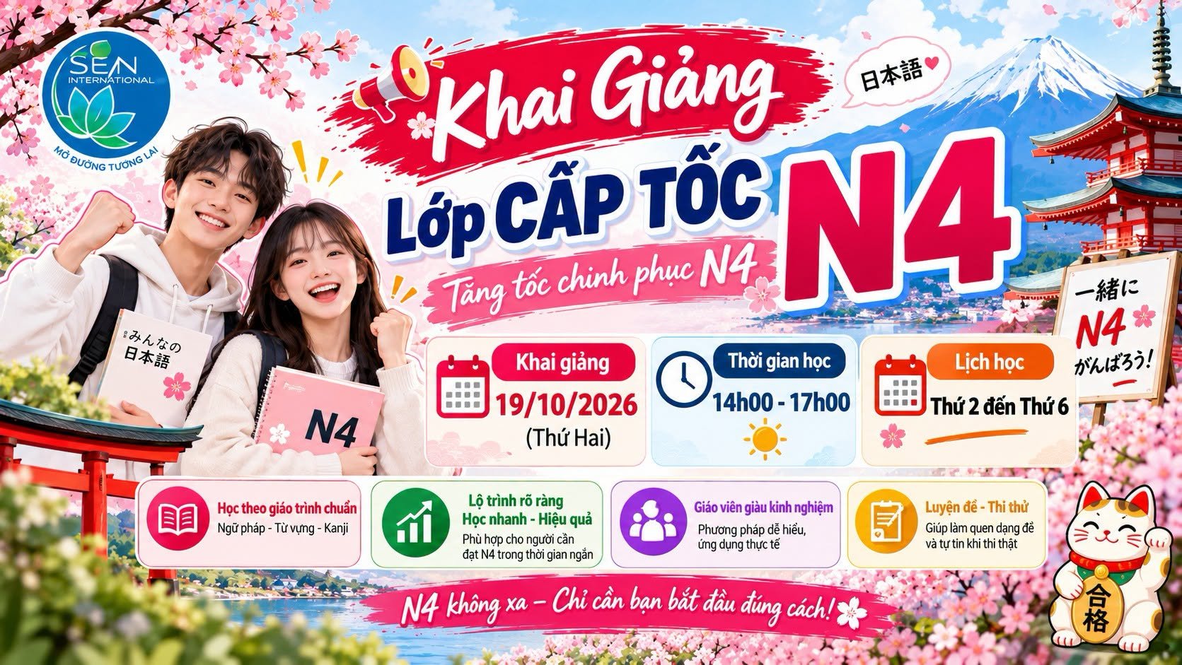 Khai giảng lớp cấp tốc N4 tiếng Nhật tại Sen Quốc Tế Nha Trang ngày 19/10/2026